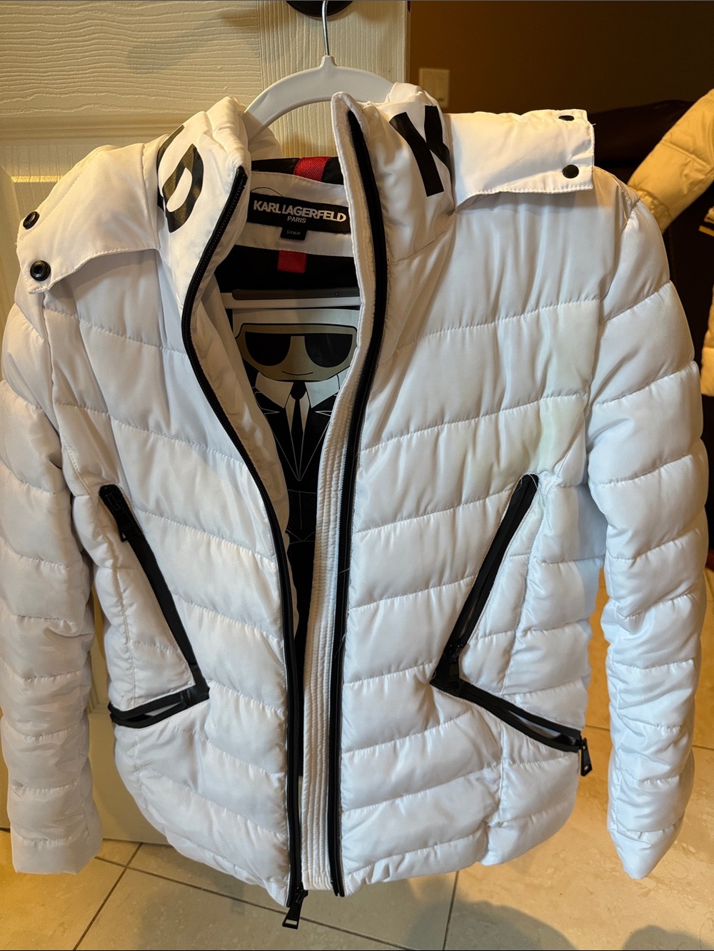 Karl Lagerfeld White Quilted Puffer Jacket with Black Trim